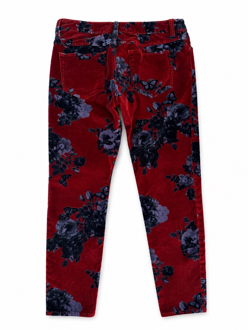 Free People Velvet Floral Skinny Pants Burgundy Navy boho whimsigoth Size 28 - Picture 4 of 11